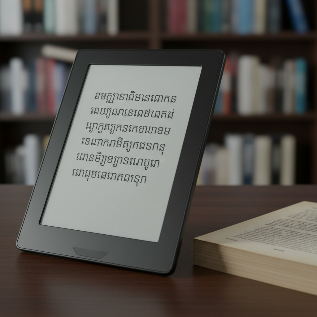 A close-up of an open e-reader displaying clean, high-contrast Khmer text on a softly glowing, paper-like screen, resting on a dark walnut table. The bezel is matte black with crisp edges, subtly reflecting a cool, diffused overhead light. Beside it lies a single, well-used Cambodian paperback, its slightly frayed spine and creamy pages providing tactile contrast to the sleek device. The background fades into a soft bokeh of blurred bookshelves filled with Khmer titles. The scene is captured in photographic realism from a slightly elevated angle, with controlled studio lighting that creates gentle, professional shadows, conveying precision, clarity, and the transition from physical to digital Cambodian literature.