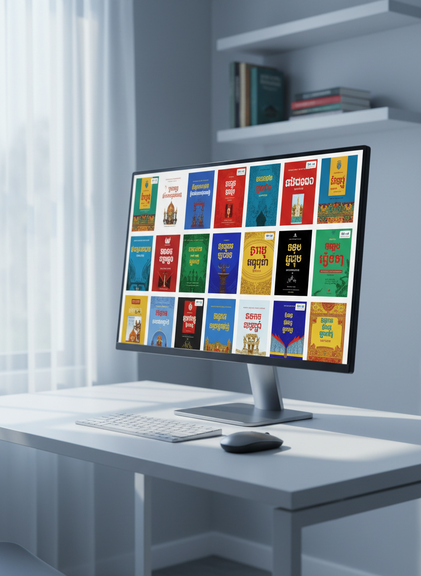 A minimalist digital workspace featuring a large, ultra-thin monitor displaying a neatly organized grid of Cambodian ebook covers in vivid colors, each with legible Khmer titles. The monitor stands on a tidy white desk with just a slim wireless keyboard and a dark gray mouse, emphasizing focus and efficiency. Cool, even daylight from a large side window illuminates the scene, casting soft, linear shadows and subtle reflections on the glossy screen. The background is a softly blurred wall with a faint outline of floating shelves holding a few physical Khmer books. Photographic realism, shot from a slightly off-center, eye-level perspective using the rule of thirds, creating a modern, professional, and trustworthy atmosphere for an online Khmer ebook platform.