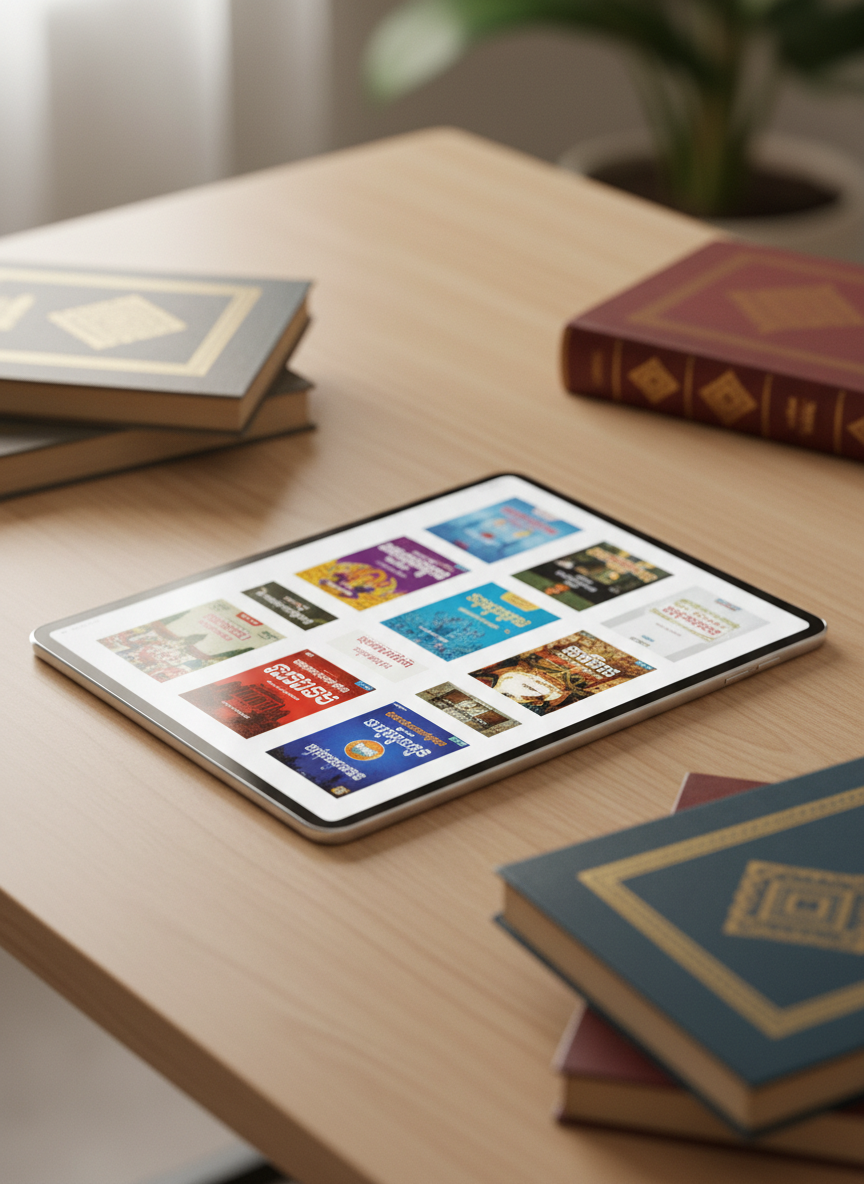 A neatly arranged stack of Cambodian-language ebooks displayed on a modern, slim silver tablet lying on a smooth light-wood desk. The tablet screen shows colorful Khmer book covers with crisp typography and detailed illustrations, radiating clarity and sharpness. Around it, there are softly blurred physical Khmer books with worn, textured covers and subtle gold stamping, suggesting a bridge between traditional and digital reading. Soft morning light from an unseen window washes across the scene, creating gentle highlights on the tablet’s metallic edge and faint shadows on the wood grain. Photographic realism, clean and professional, shot at an eye-level angle with a shallow depth of field, emphasizing the digital library as the clear focal point and creating a calm, inviting atmosphere for online reading.