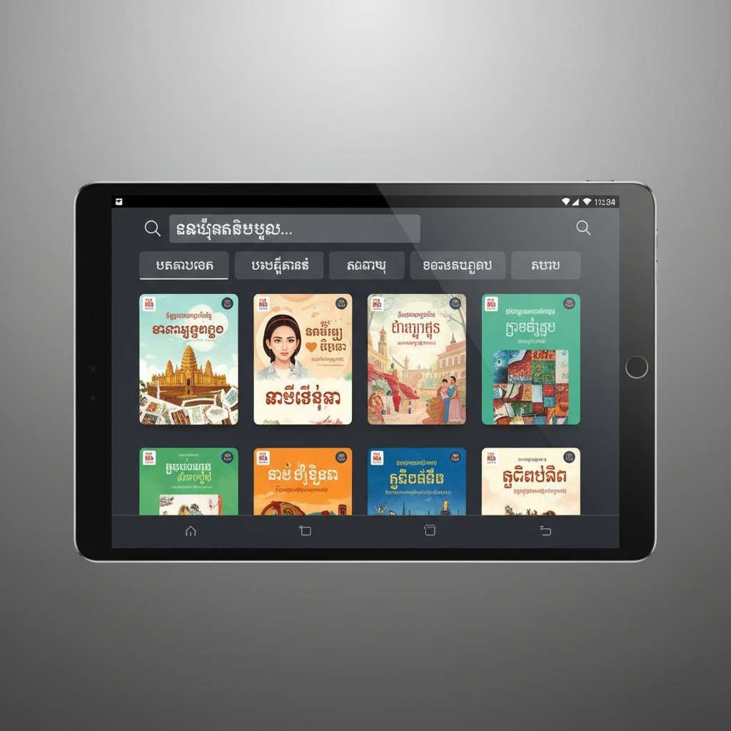 A high-resolution close-up of a tablet held horizontally by an unseen support, the frame cropped so only the device floats against a neutral gradient background. On the screen, a detailed interface of a Cambodian ebook library is visible: a search bar with Khmer characters, category tabs, and neatly aligned ebook thumbnails featuring distinct Khmer titles and cover designs. Soft, controlled studio lighting from two sides creates gentle edge highlights along the device’s slim metallic frame, with a faint reflection along the glass surface. The background fades from light gray at the top to darker gray at the bottom, enhancing focus on the screen. Photographic realism, clean and professional, with sharp focus throughout and a calm, tech-forward atmosphere suited to a modern digital reading platform.